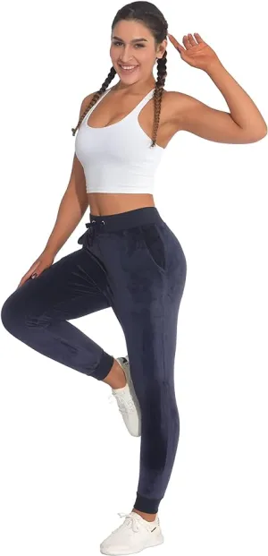 New Women's vdbm Drawstring Velvet Velour Front Slant Pockets Casual Joggers, great for all seasons! Navy Sz M!