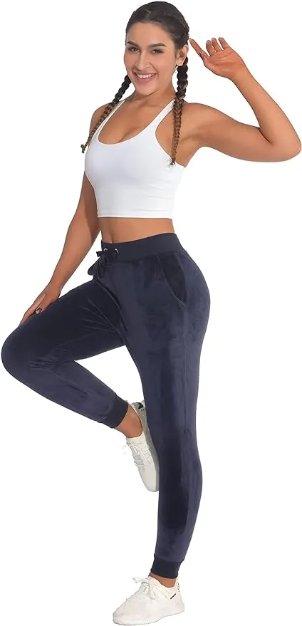 New Women's vdbm Drawstring Velvet Velour Front Slant Pockets Casual Joggers, great for all seasons! Navy Sz M!