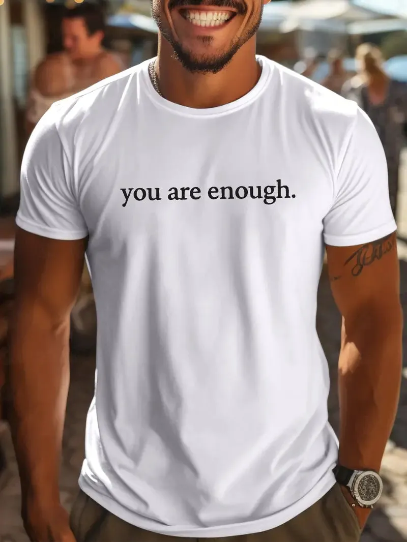 NEW 'You Are Enough, Dear Person Behind Me' Men's Casual Short-Sleeve Tee - Breathable Polyester, Crew Neck, Perfect For Summer Outings White, Men's Medium