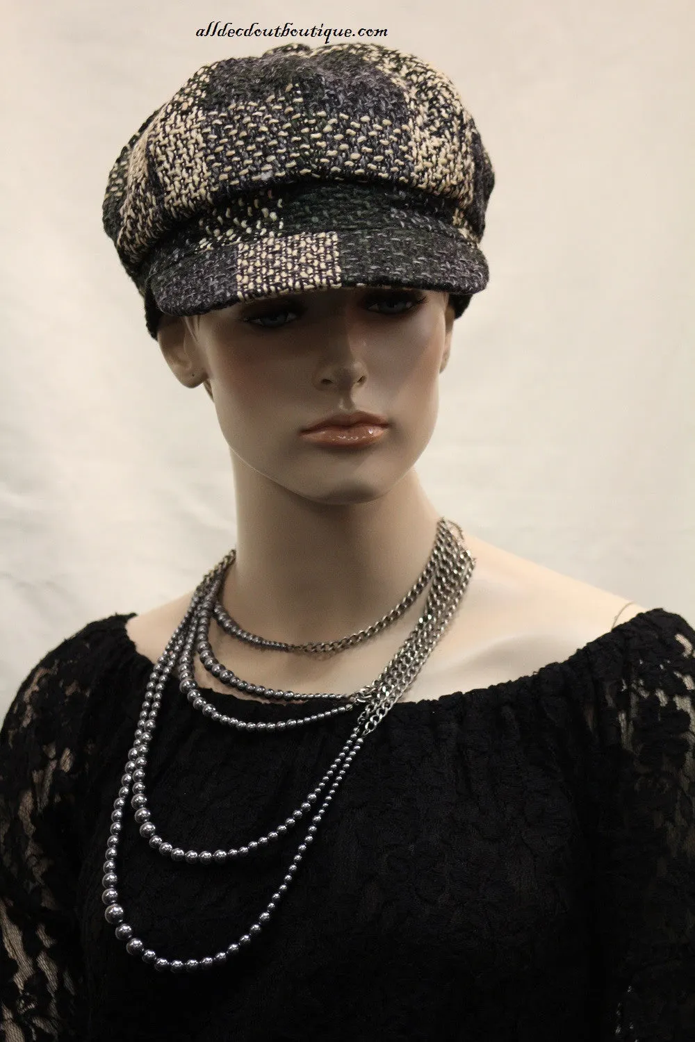 Newsboy Round Top Hat | Knit Green, Cream, and Blue