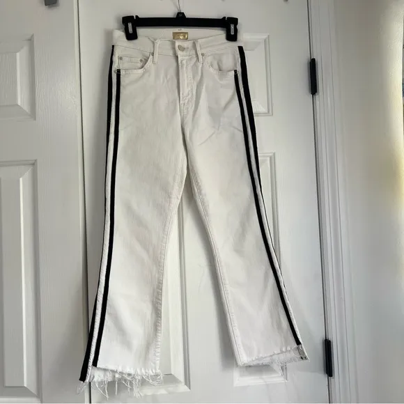NWT Mother Insider Crop Step Fray White Denim Jeans Black Stripe Pants Stretch