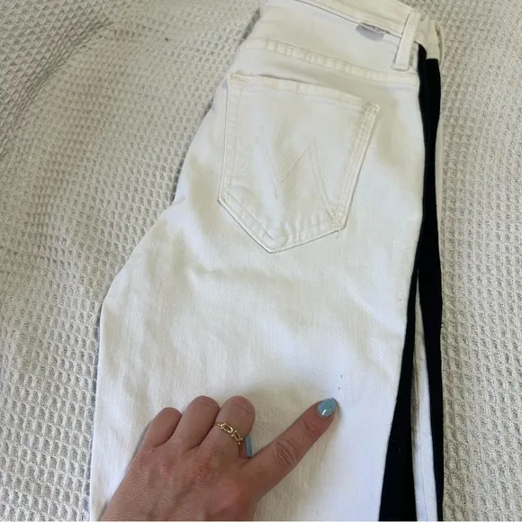 NWT Mother Insider Crop Step Fray White Denim Jeans Black Stripe Pants Stretch