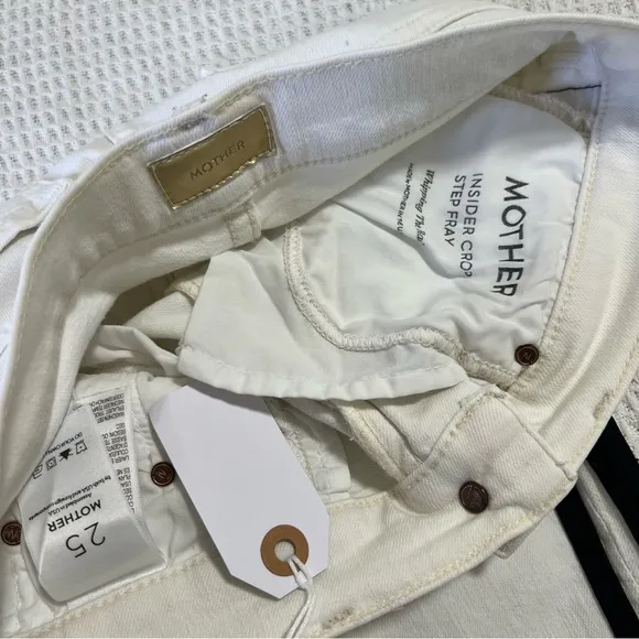 NWT Mother Insider Crop Step Fray White Denim Jeans Black Stripe Pants Stretch