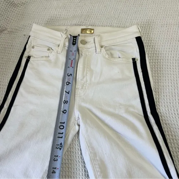 NWT Mother Insider Crop Step Fray White Denim Jeans Black Stripe Pants Stretch