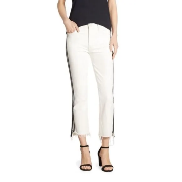 NWT Mother Insider Crop Step Fray White Denim Jeans Black Stripe Pants Stretch