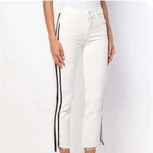 NWT Mother Insider Crop Step Fray White Denim Jeans Black Stripe Pants Stretch