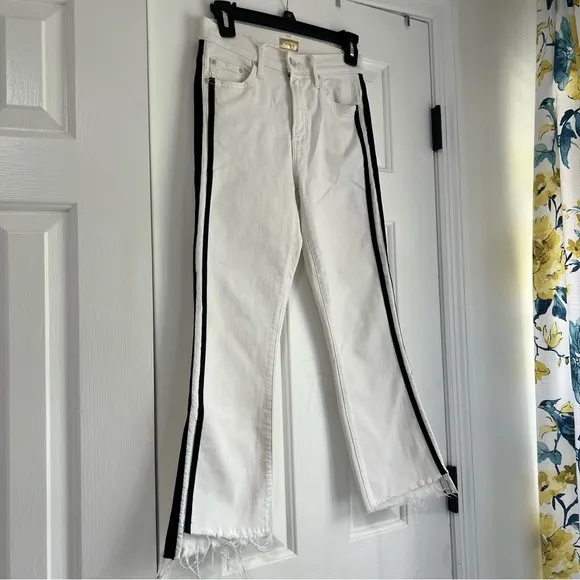 NWT Mother Insider Crop Step Fray White Denim Jeans Black Stripe Pants Stretch