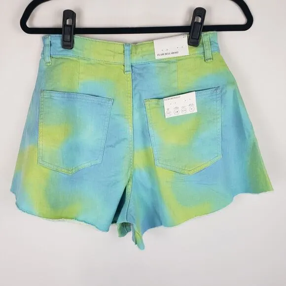 NWT WeWoreWhat Twill Flare Bell Tie Dye Frayed Hem High Rise Denim Shorts 27