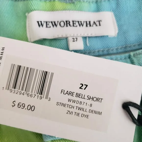 NWT WeWoreWhat Twill Flare Bell Tie Dye Frayed Hem High Rise Denim Shorts 27