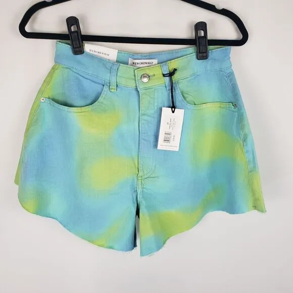NWT WeWoreWhat Twill Flare Bell Tie Dye Frayed Hem High Rise Denim Shorts 27