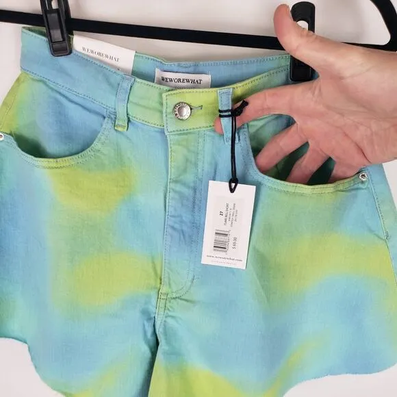 NWT WeWoreWhat Twill Flare Bell Tie Dye Frayed Hem High Rise Denim Shorts 27