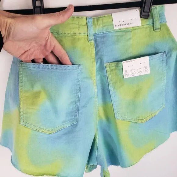 NWT WeWoreWhat Twill Flare Bell Tie Dye Frayed Hem High Rise Denim Shorts 27