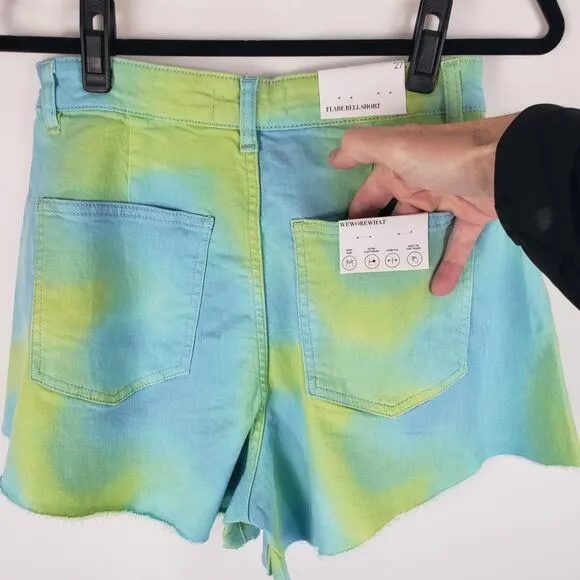 NWT WeWoreWhat Twill Flare Bell Tie Dye Frayed Hem High Rise Denim Shorts 27