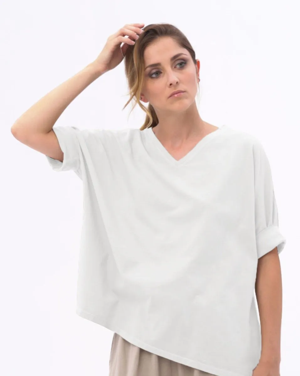 Organic Cotton V-neck Cuffed Short Sleeve Top