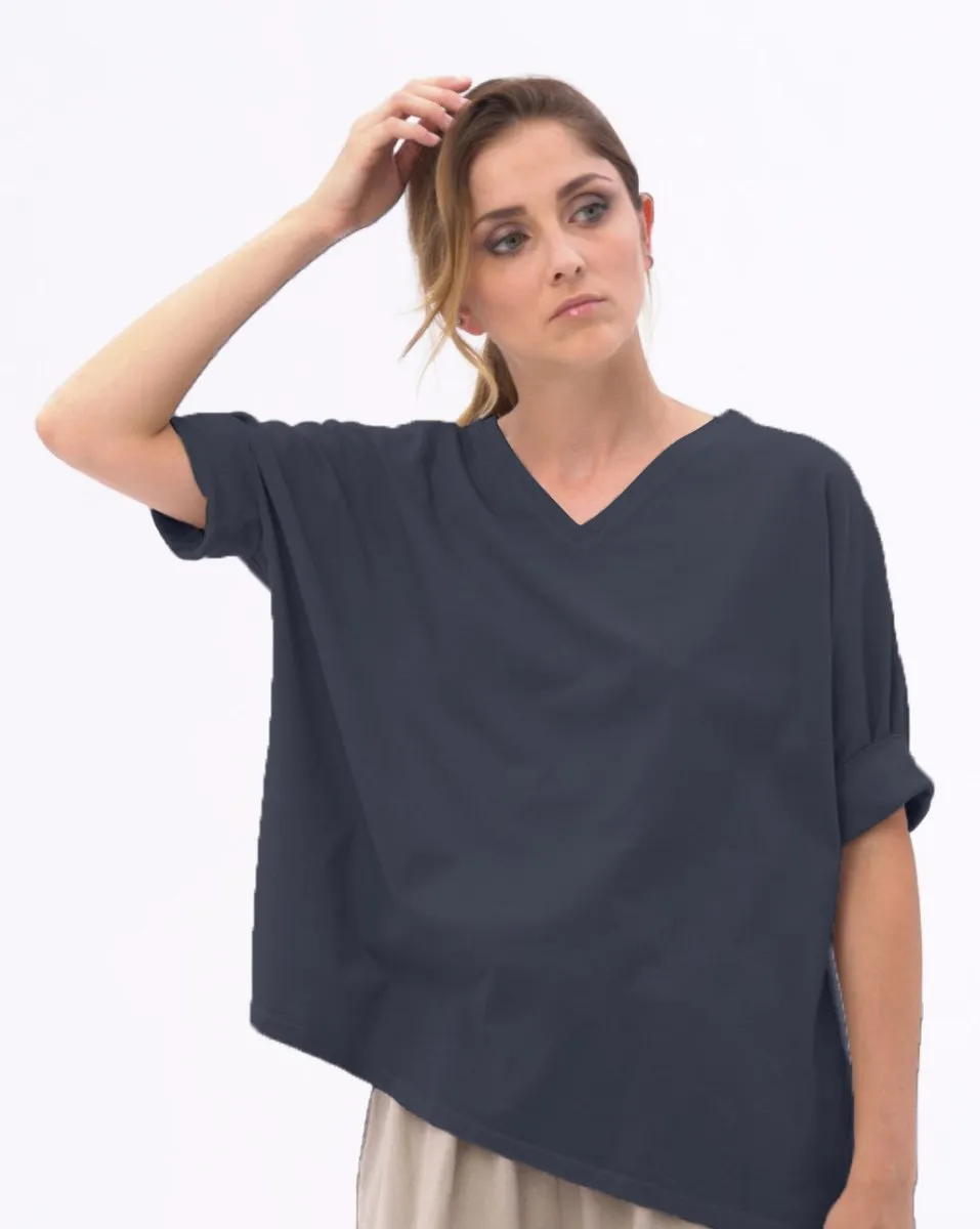 Organic Cotton V-neck Cuffed Short Sleeve Top
