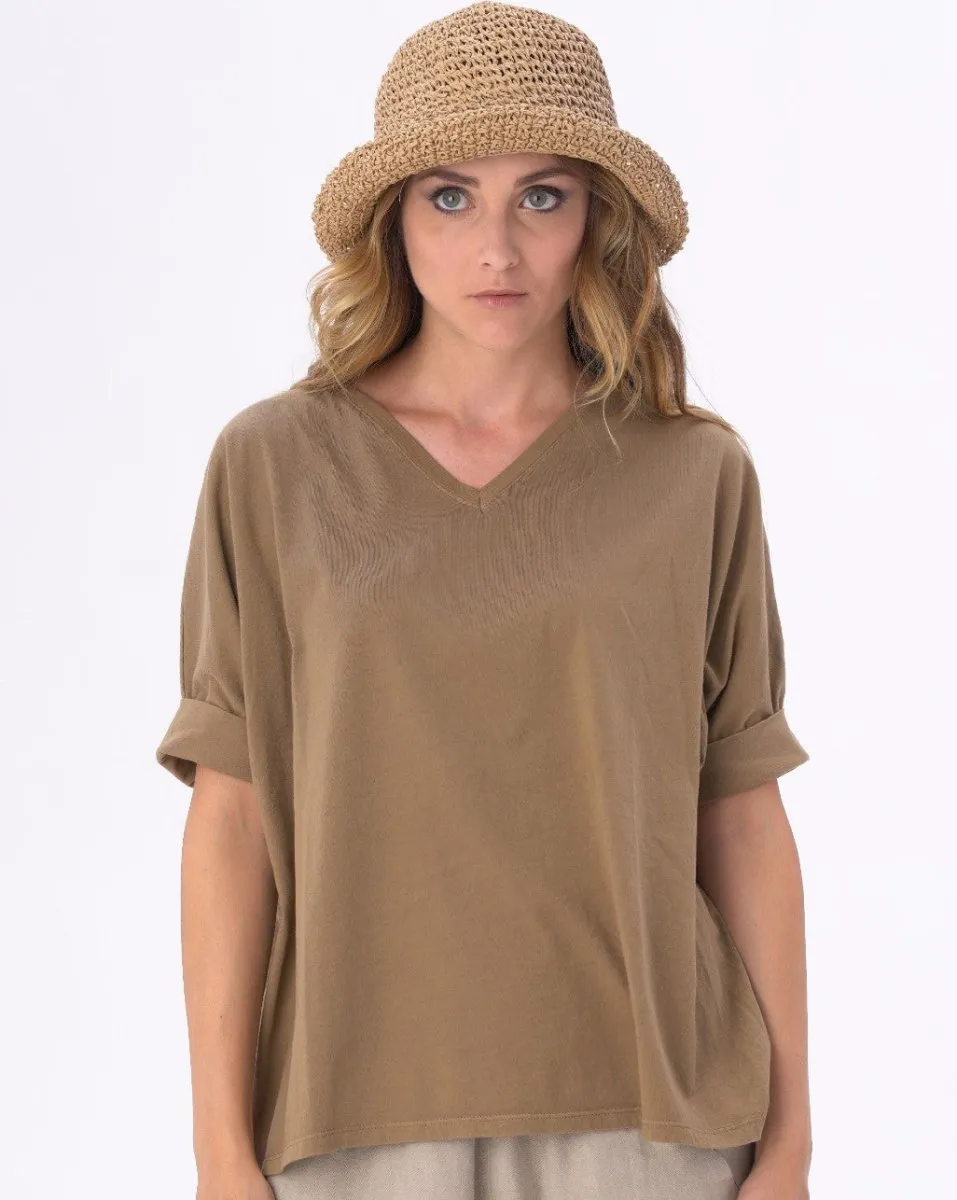 Organic Cotton V-neck Cuffed Short Sleeve Top