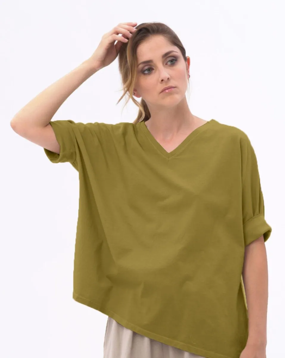 Organic Cotton V-neck Cuffed Short Sleeve Top