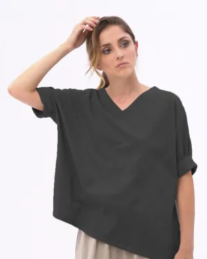 Organic Cotton V-neck Cuffed Short Sleeve Top