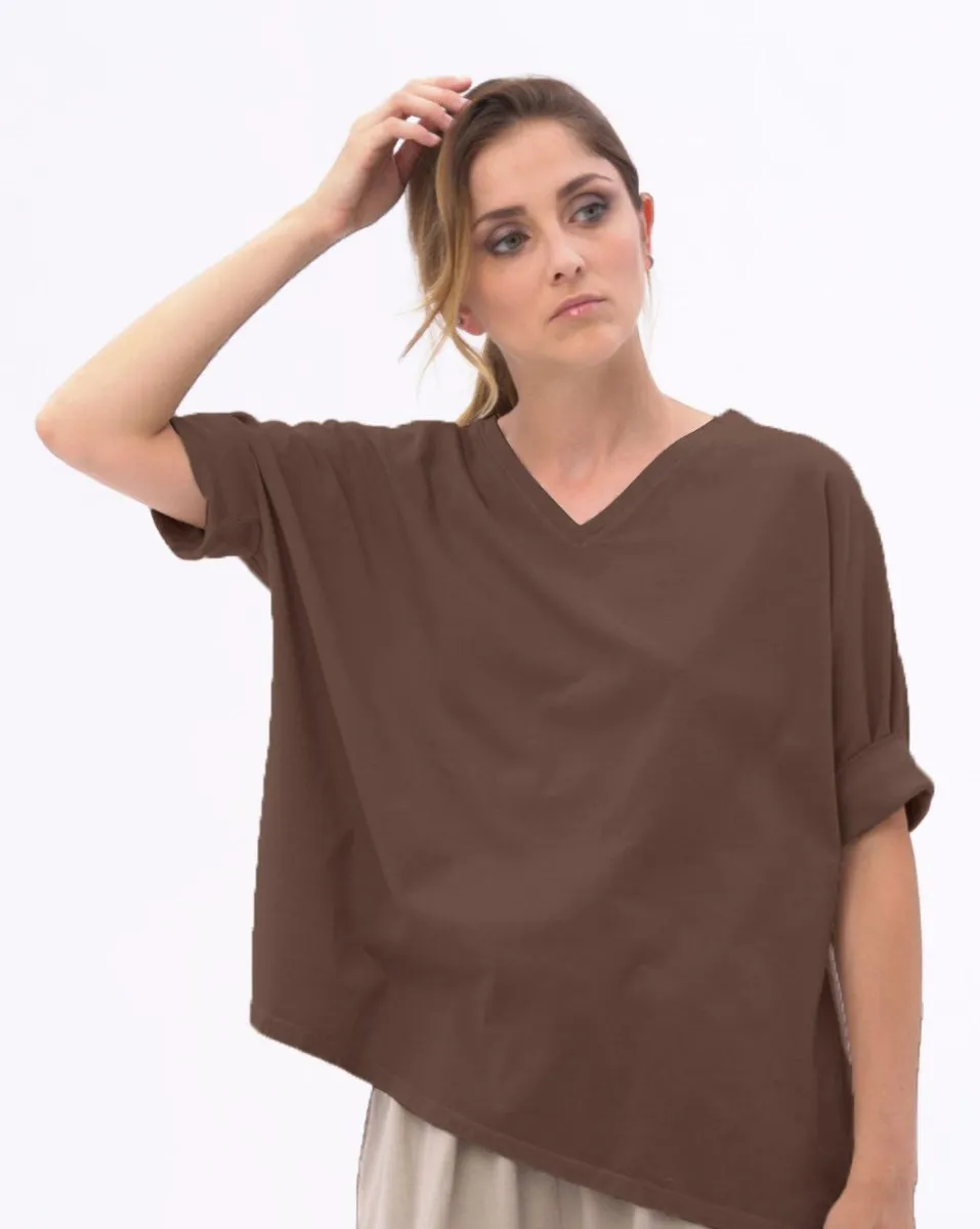 Organic Cotton V-neck Cuffed Short Sleeve Top