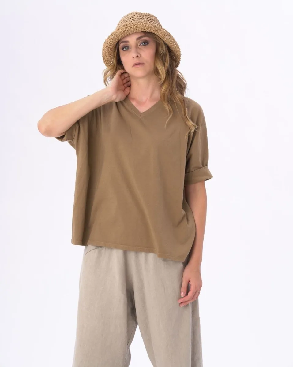 Organic Cotton V-neck Cuffed Short Sleeve Top