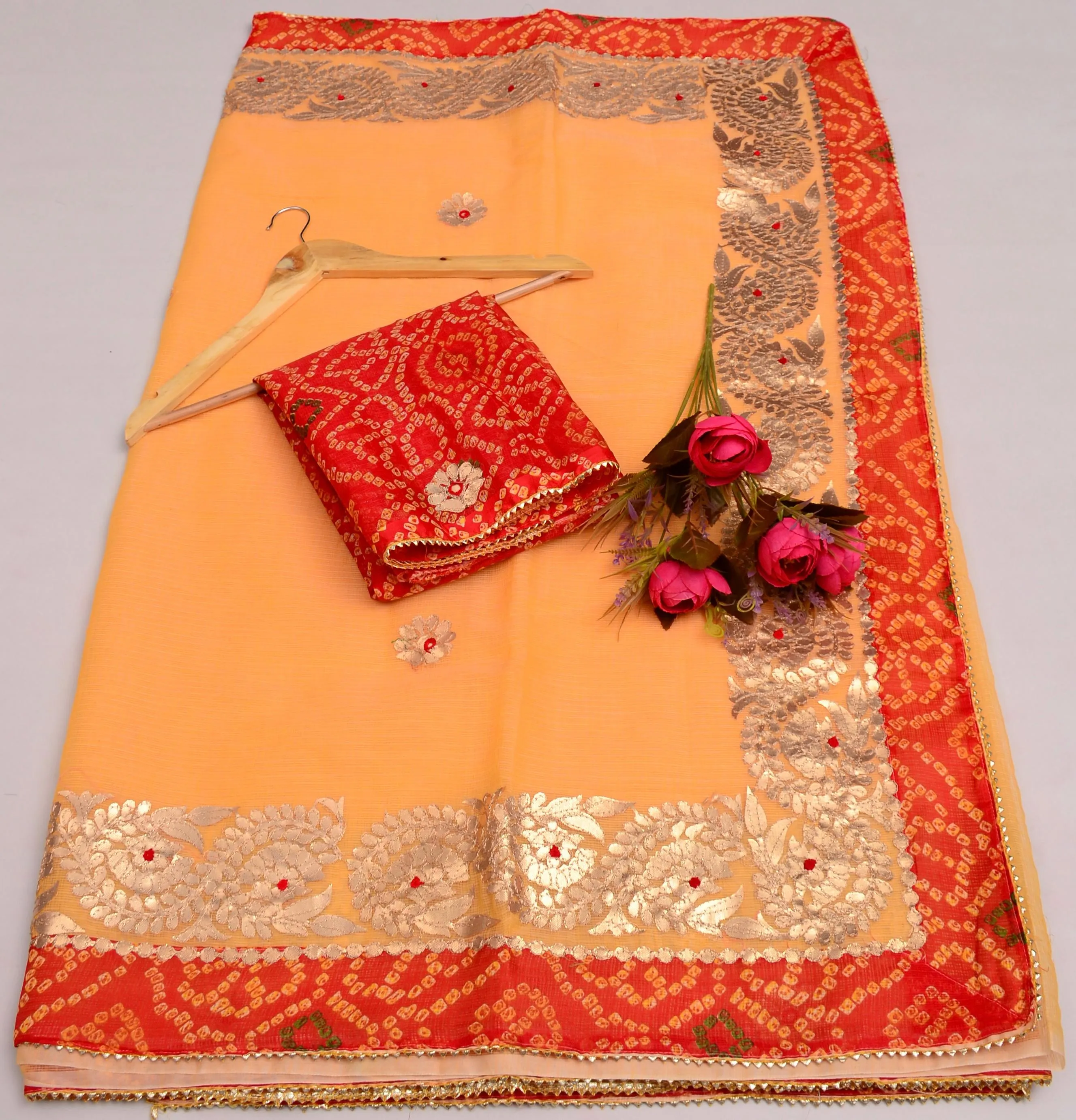 Peach Kota Doria Gota Patti Saree