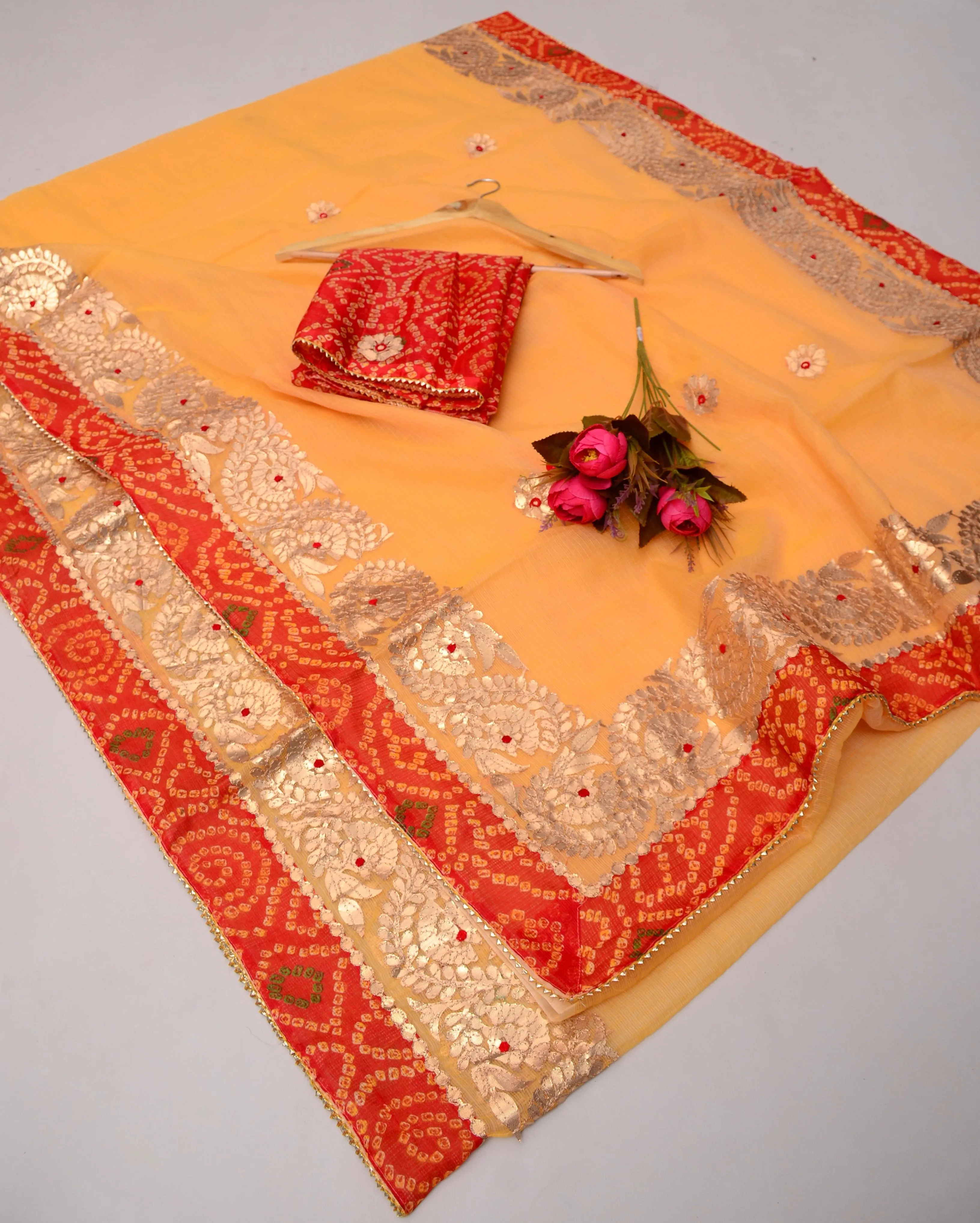 Peach Kota Doria Gota Patti Saree