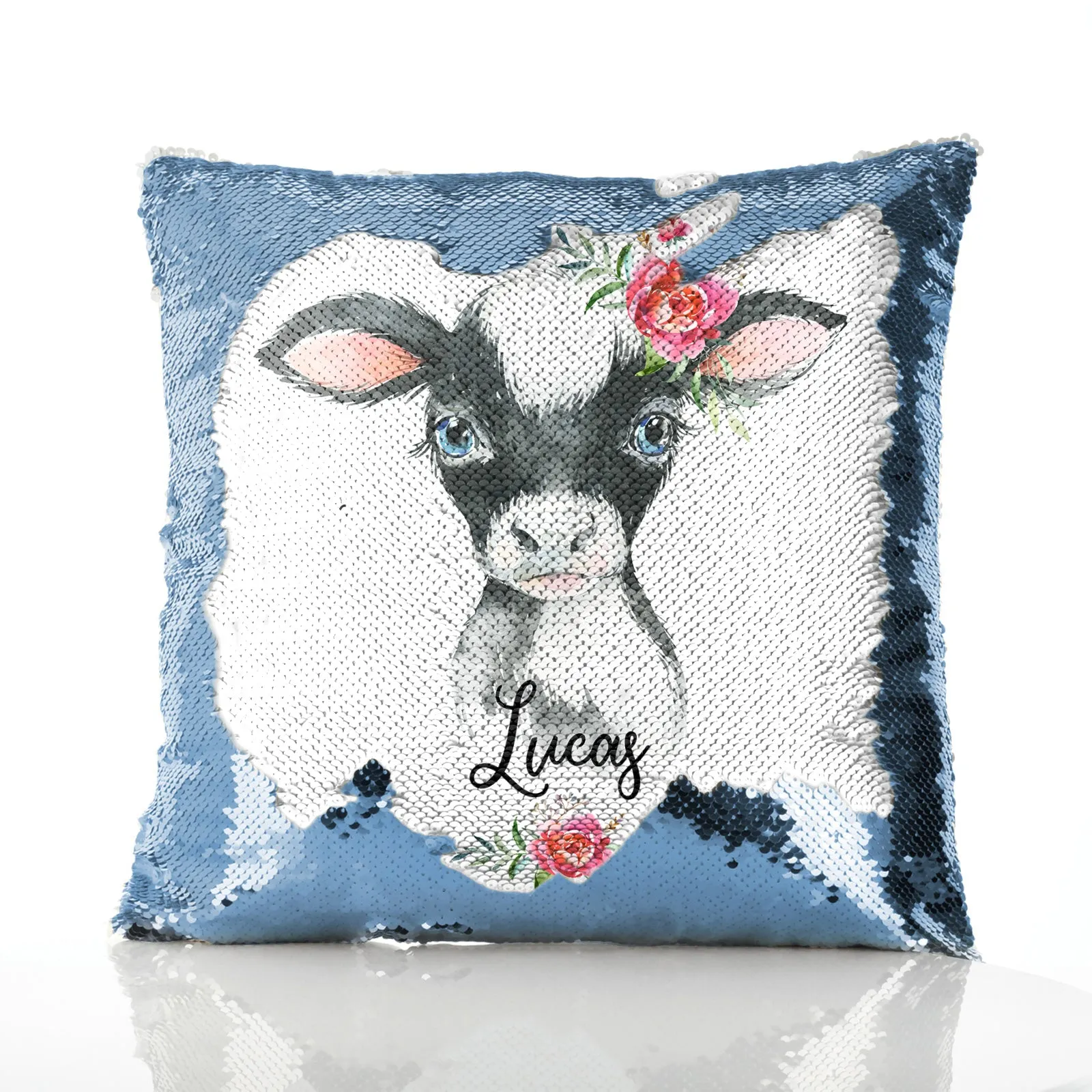 Personalised Sequin Cushion with Black and White Cow Pink Rose Flowers and Cute Text