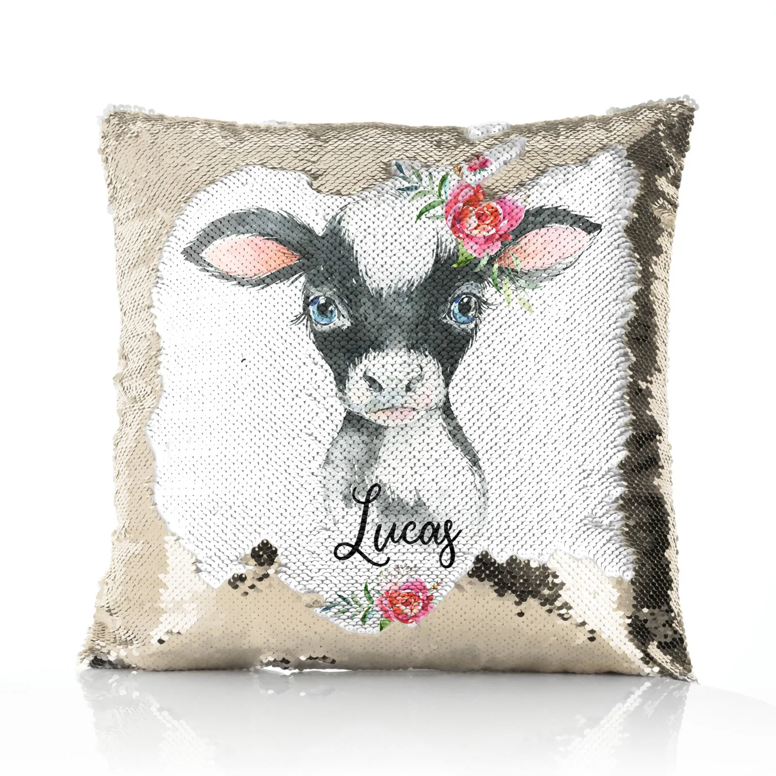 Personalised Sequin Cushion with Black and White Cow Pink Rose Flowers and Cute Text