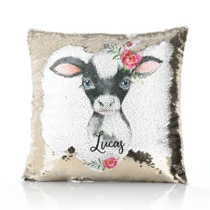 Personalised Sequin Cushion with Black and White Cow Pink Rose Flowers and Cute Text
