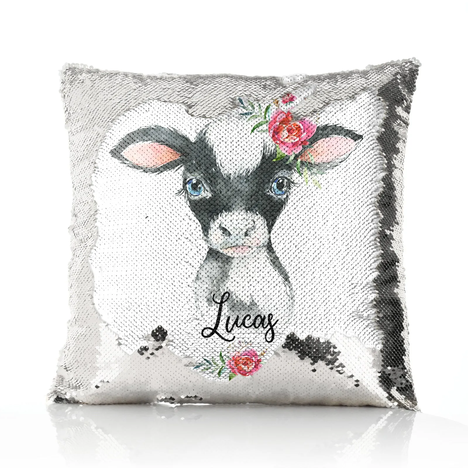Personalised Sequin Cushion with Black and White Cow Pink Rose Flowers and Cute Text
