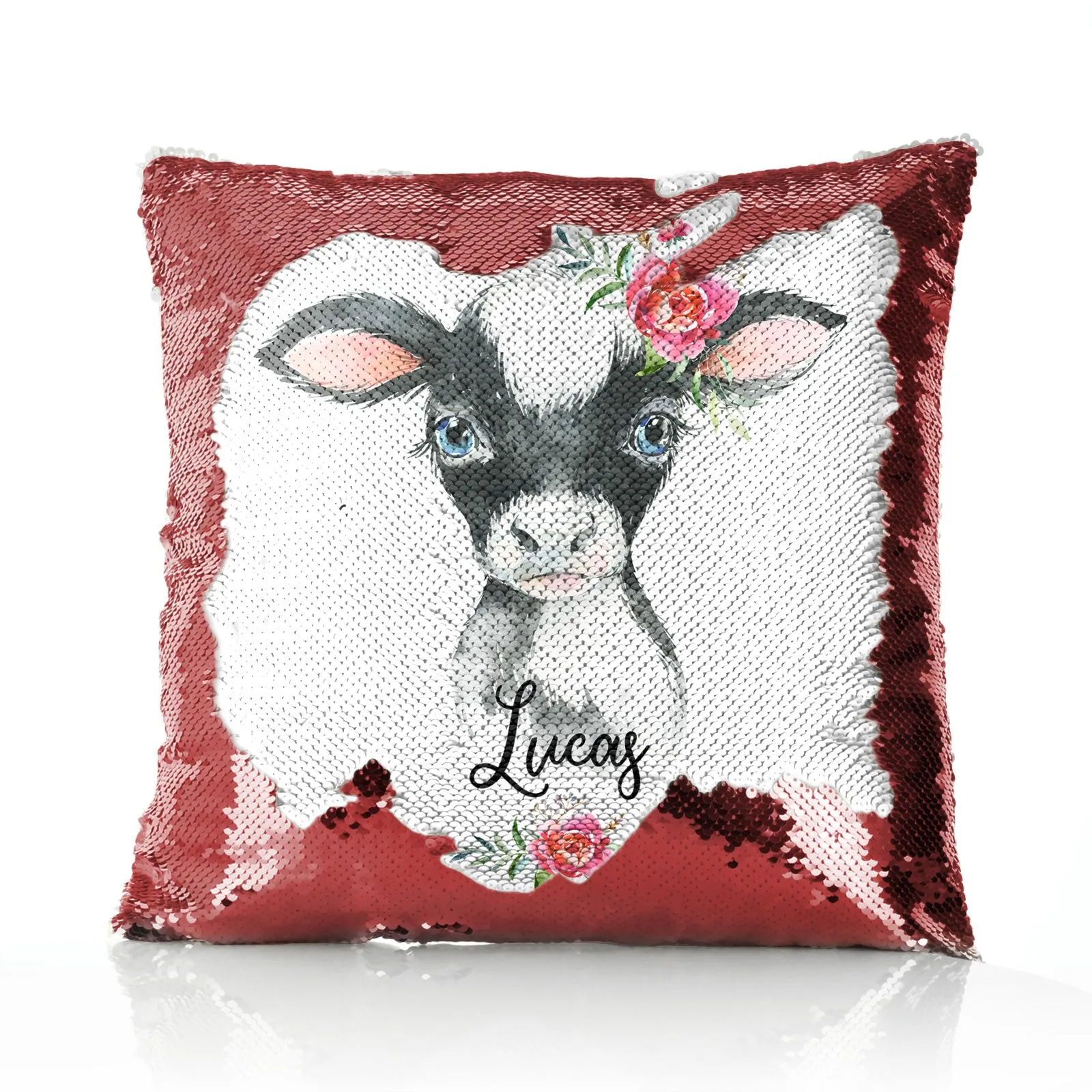 Personalised Sequin Cushion with Black and White Cow Pink Rose Flowers and Cute Text