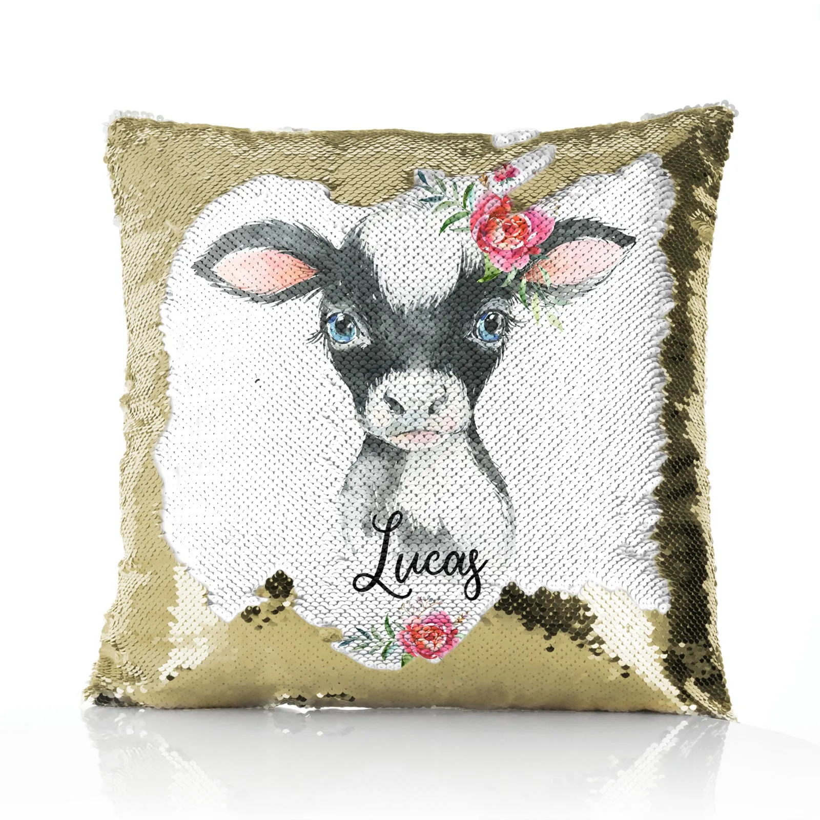 Personalised Sequin Cushion with Black and White Cow Pink Rose Flowers and Cute Text