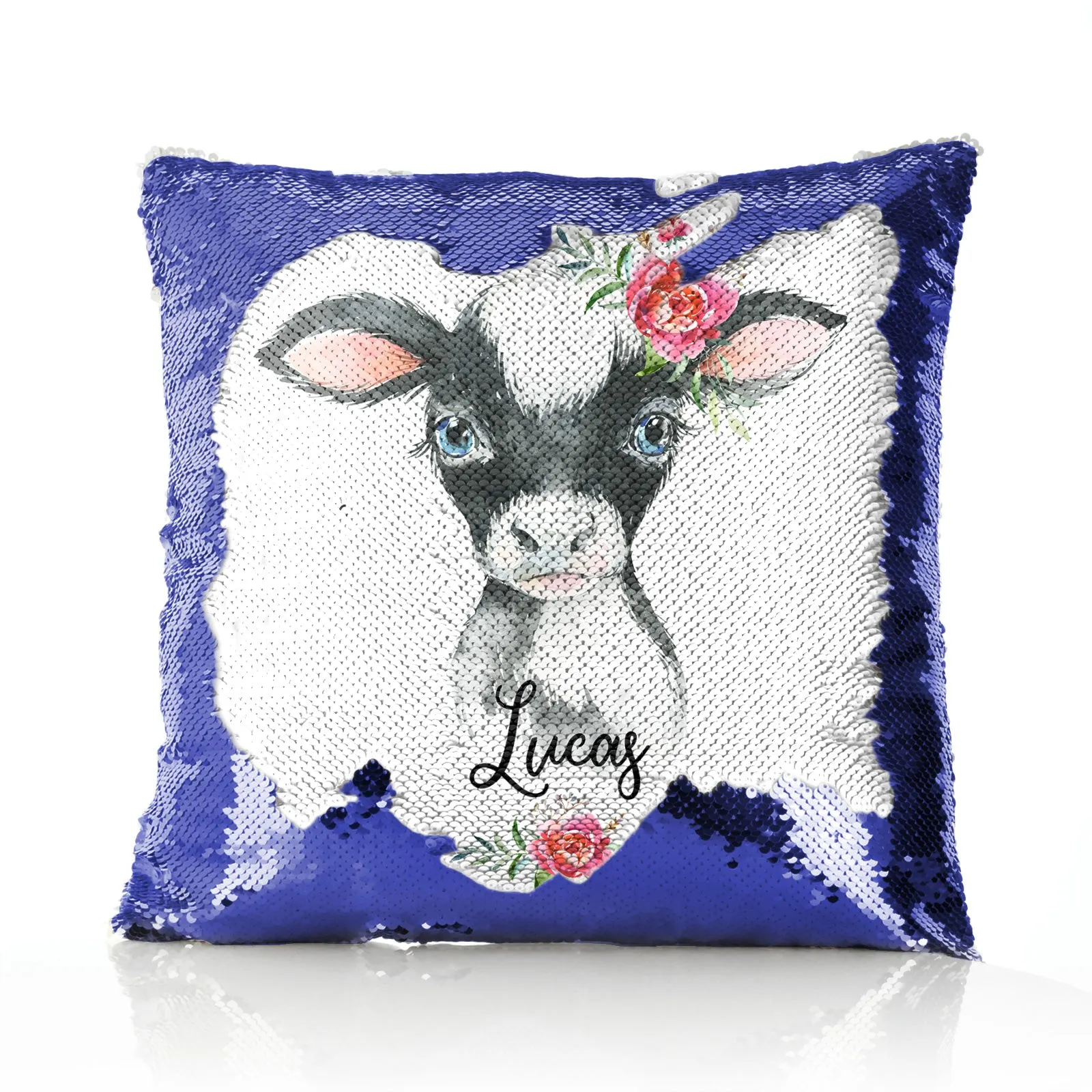 Personalised Sequin Cushion with Black and White Cow Pink Rose Flowers and Cute Text