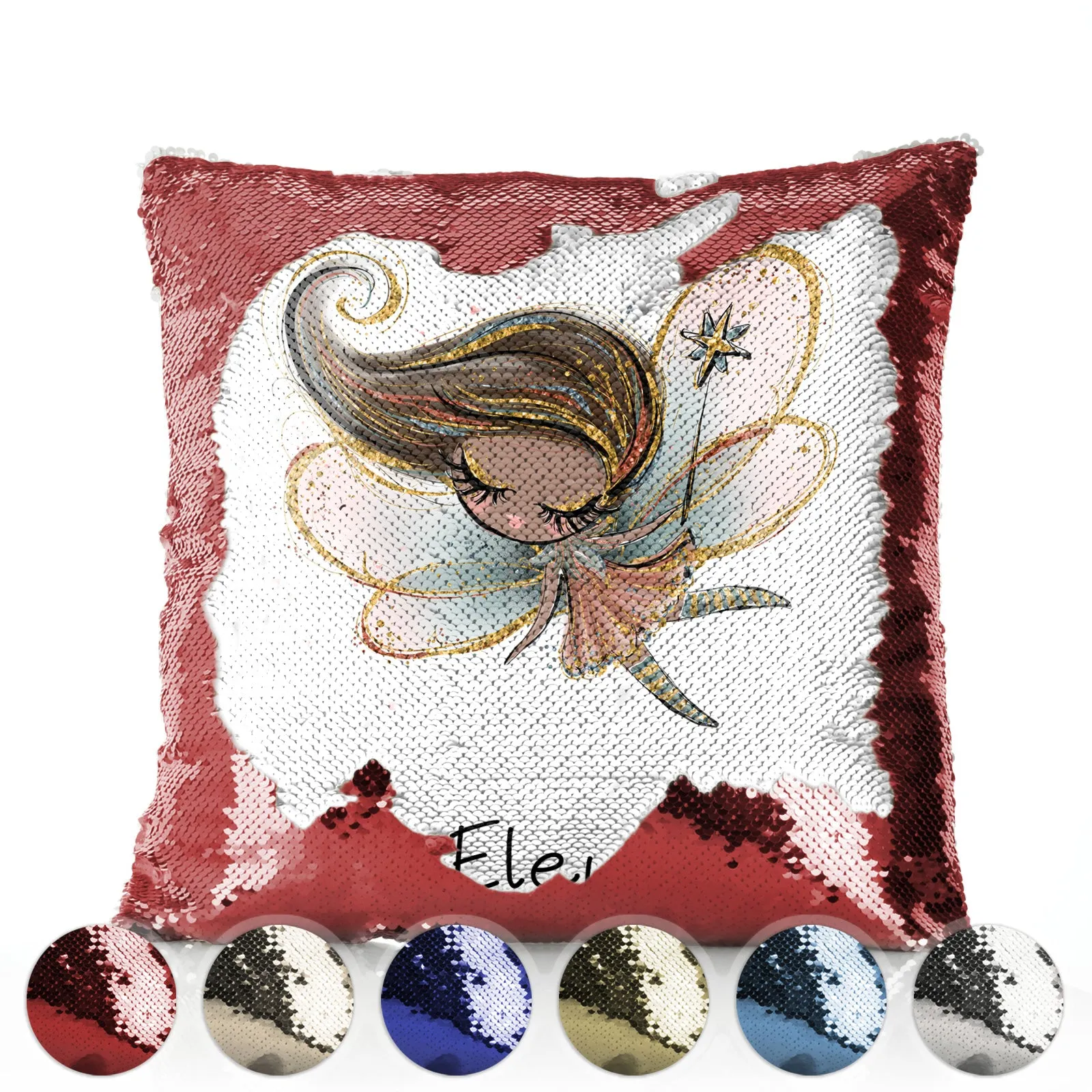 Personalised Sequin Cushion with Cute Text and Butterfly Hill Queen Crown Fairy