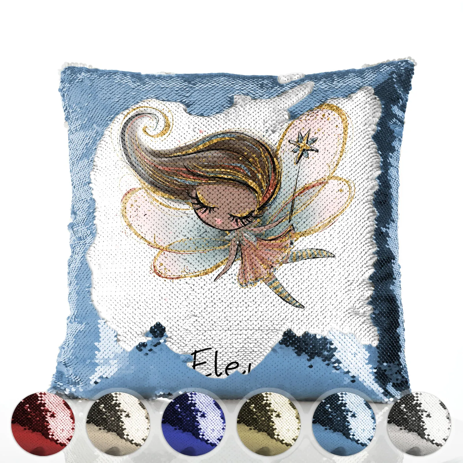 Personalised Sequin Cushion with Cute Text and Butterfly Hill Queen Crown Fairy
