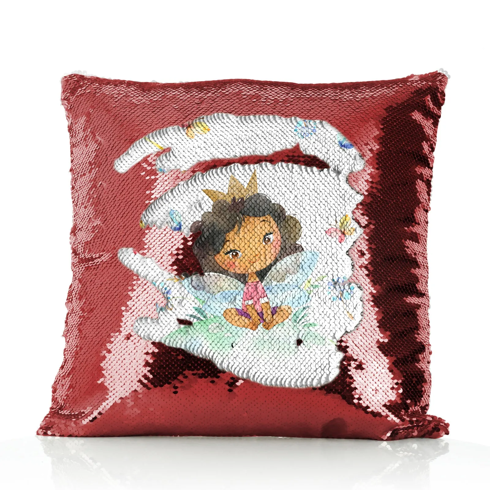 Personalised Sequin Cushion with Cute Text and Butterfly Hill Queen Crown Fairy