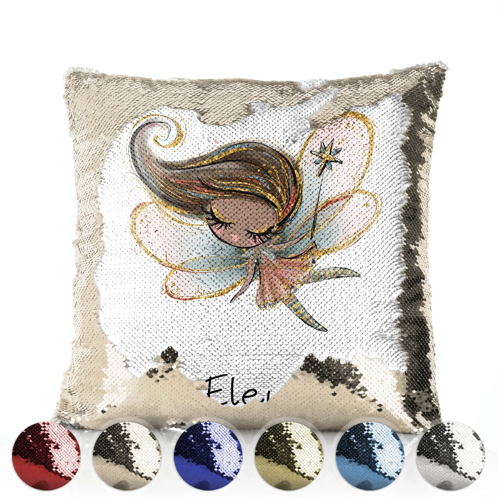 Personalised Sequin Cushion with Cute Text and Butterfly Hill Queen Crown Fairy