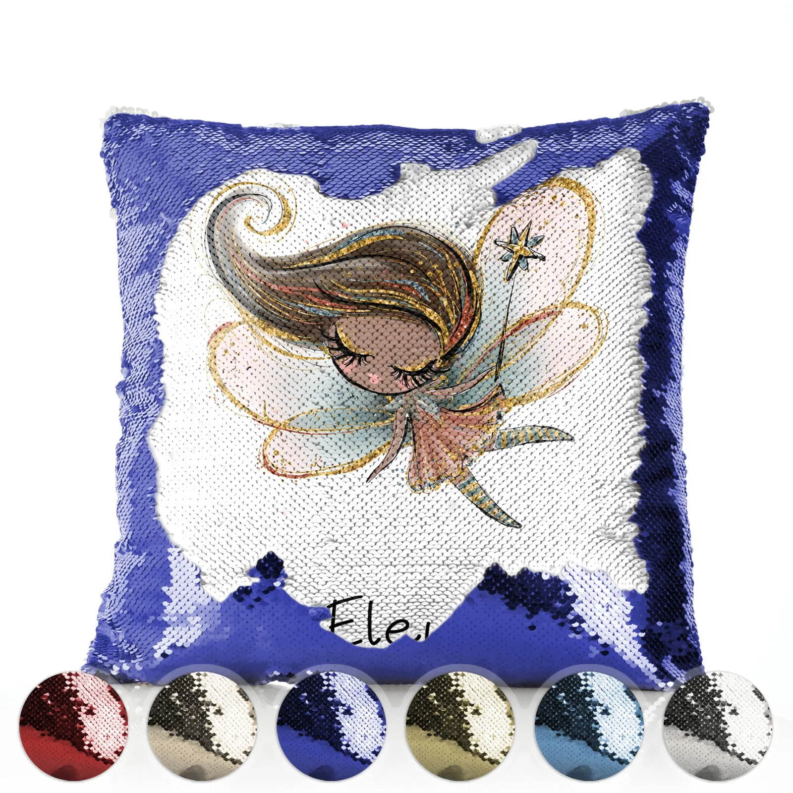 Personalised Sequin Cushion with Cute Text and Butterfly Hill Queen Crown Fairy