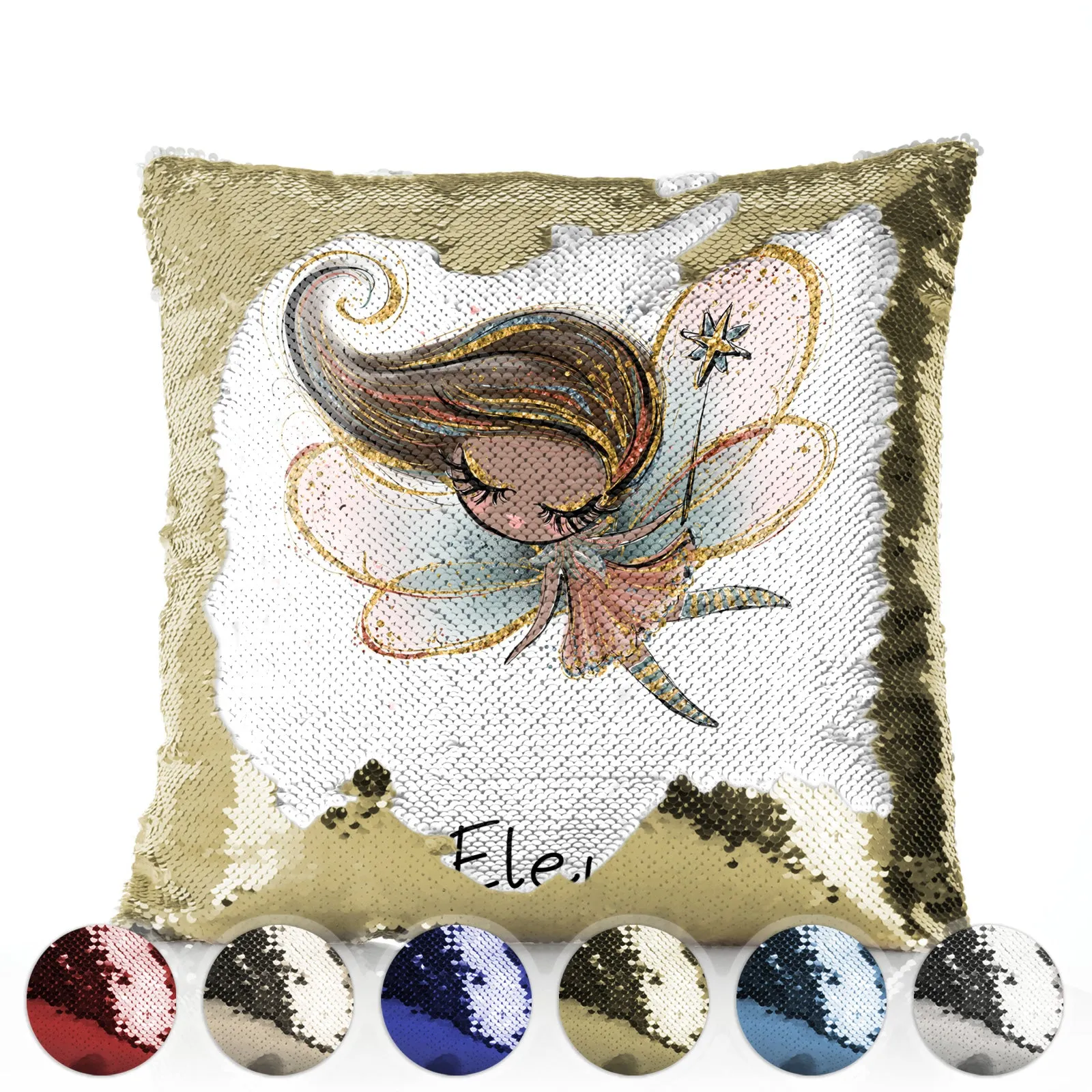 Personalised Sequin Cushion with Cute Text and Butterfly Hill Queen Crown Fairy