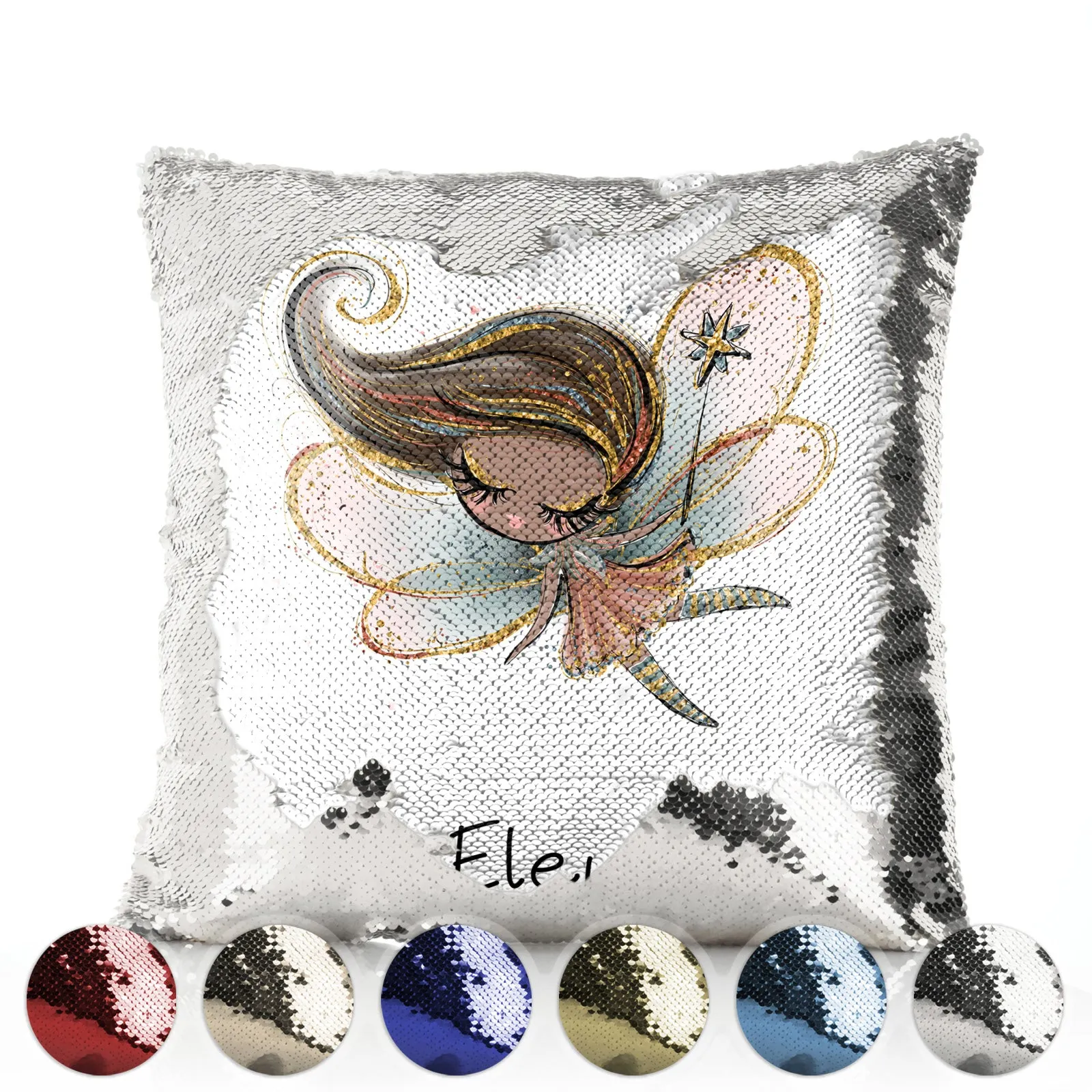 Personalised Sequin Cushion with Cute Text and Butterfly Hill Queen Crown Fairy