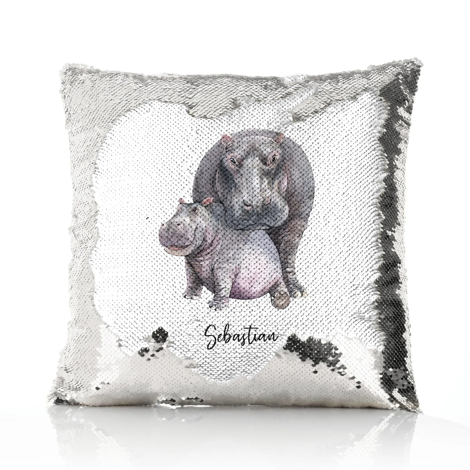Personalised Sequin Cushion with Welcoming Text and Embracing Mum and Baby Hippos
