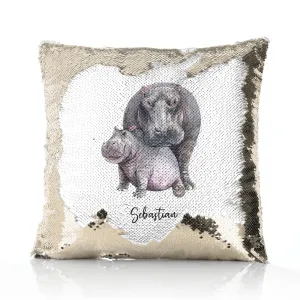 Personalised Sequin Cushion with Welcoming Text and Embracing Mum and Baby Hippos