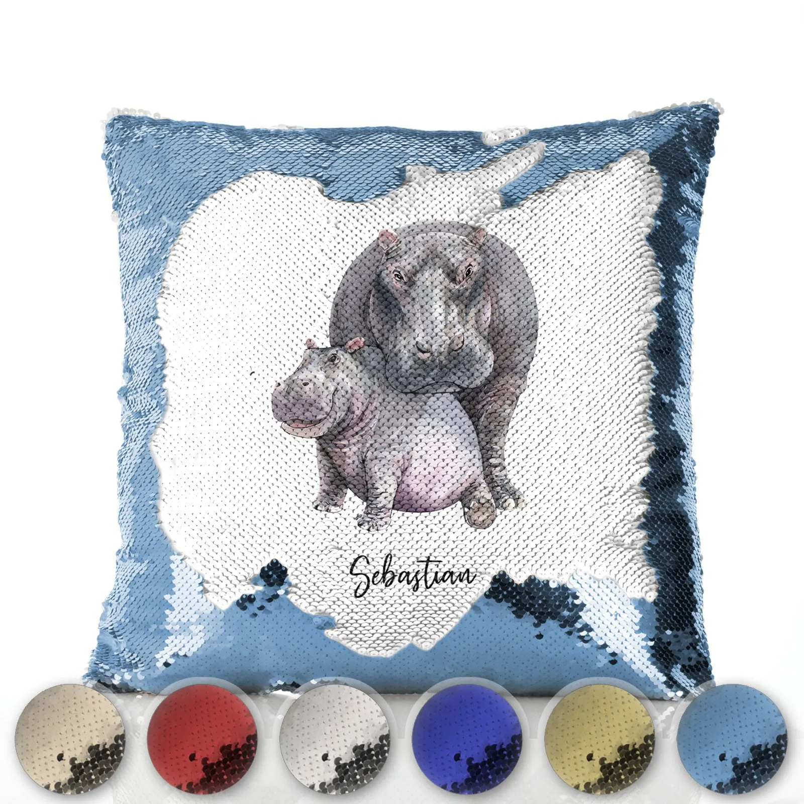 Personalised Sequin Cushion with Welcoming Text and Embracing Mum and Baby Hippos