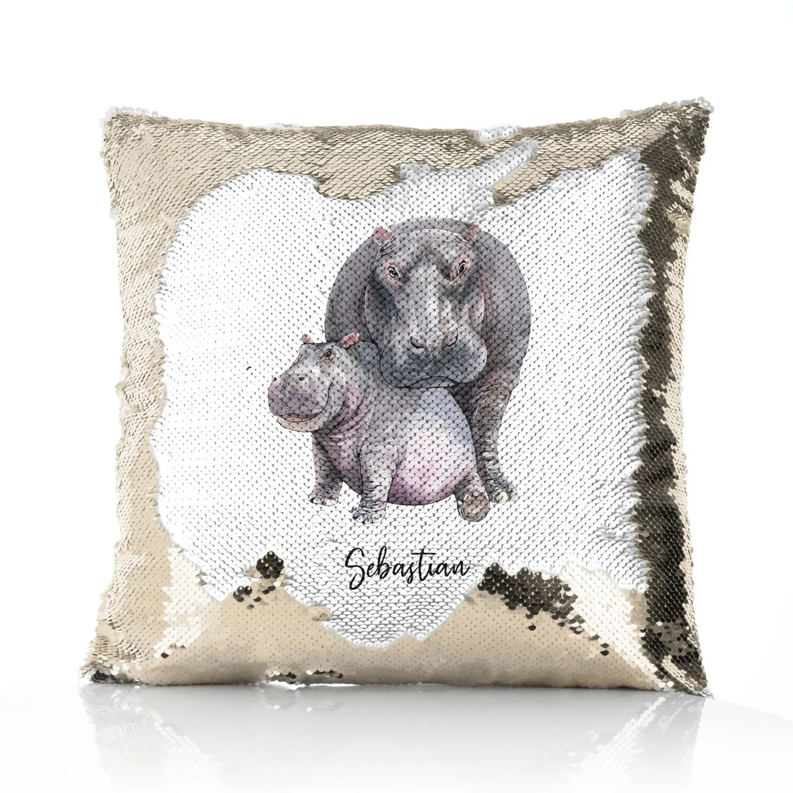 Personalised Sequin Cushion with Welcoming Text and Embracing Mum and Baby Hippos