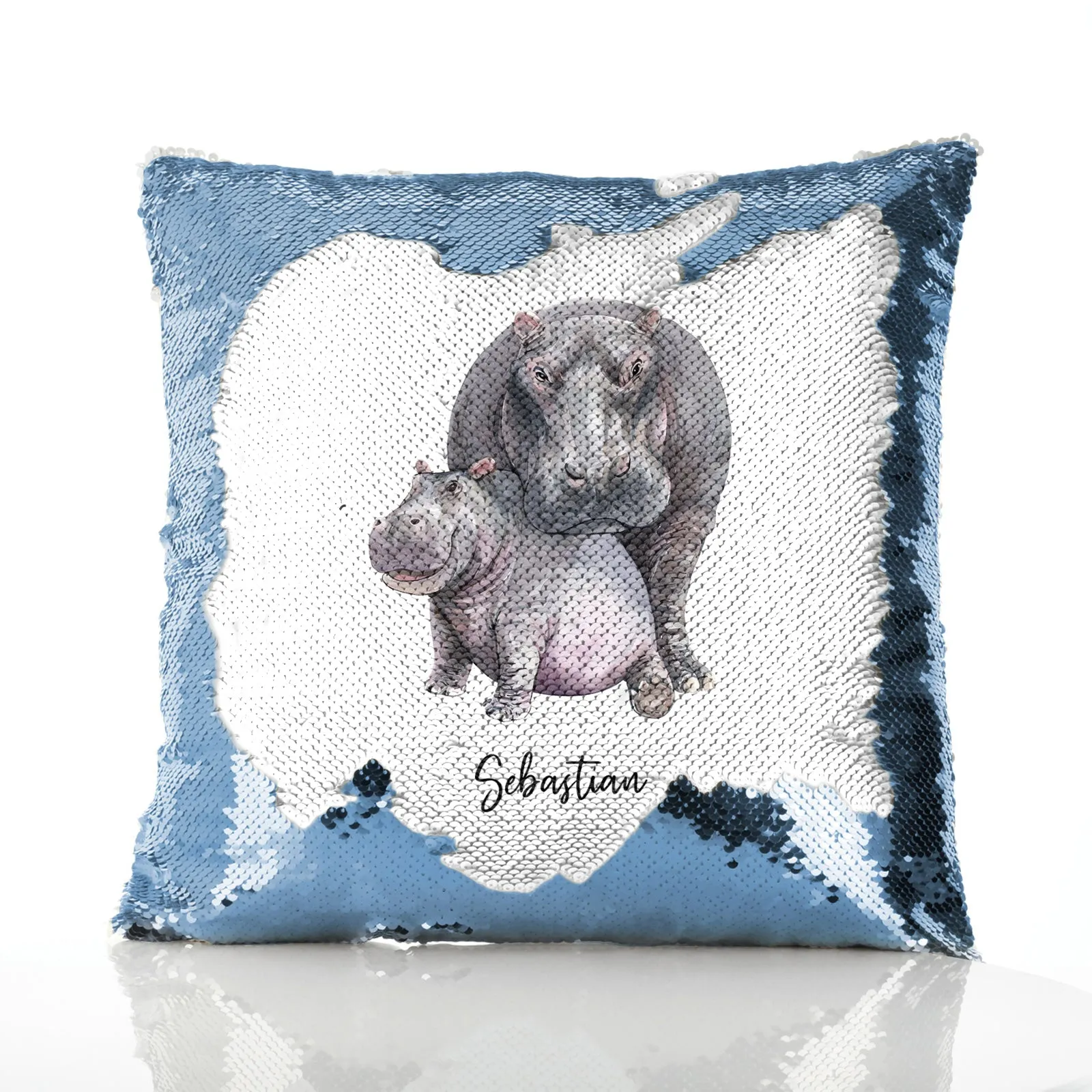 Personalised Sequin Cushion with Welcoming Text and Embracing Mum and Baby Hippos
