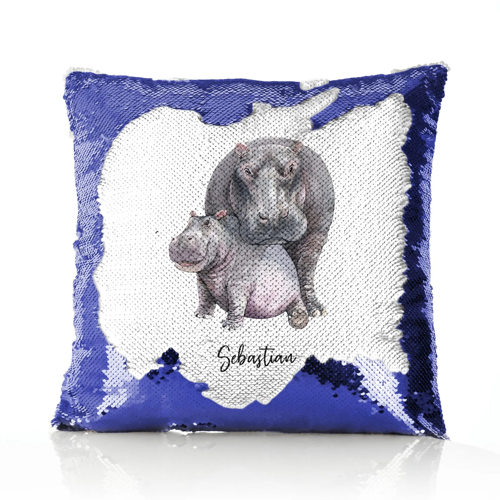 Personalised Sequin Cushion with Welcoming Text and Embracing Mum and Baby Hippos