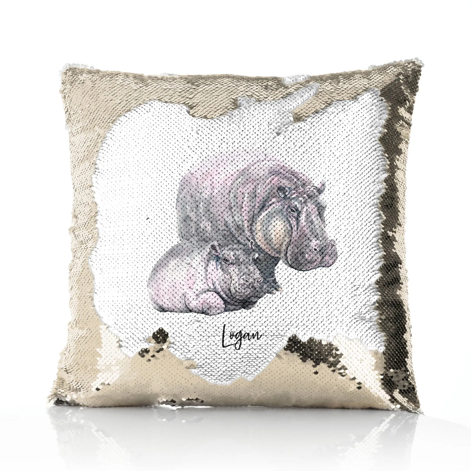 Personalised Sequin Cushion with Welcoming Text and Relaxing Mum and Baby Hippos