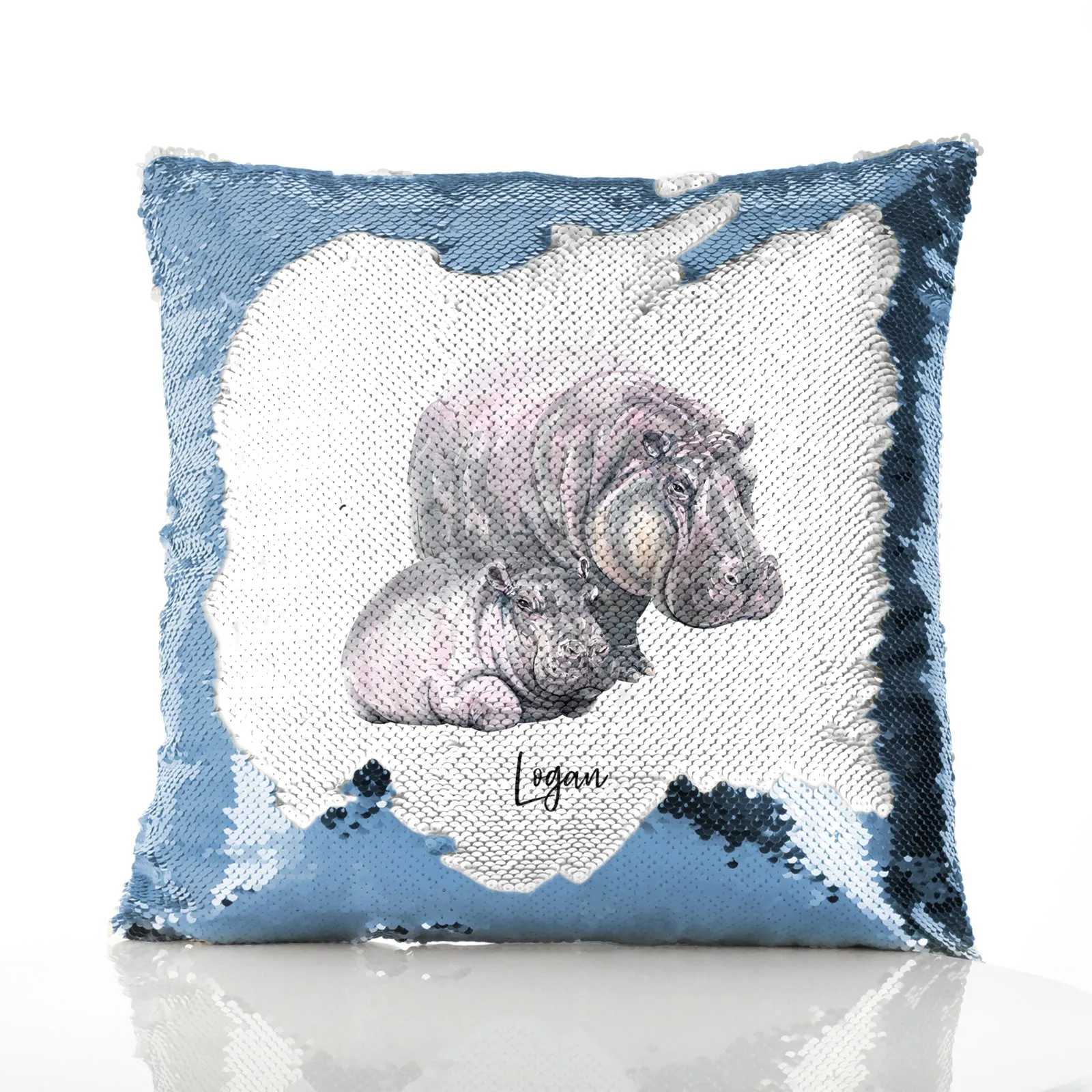 Personalised Sequin Cushion with Welcoming Text and Relaxing Mum and Baby Hippos