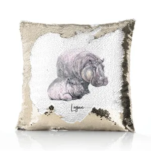 Personalised Sequin Cushion with Welcoming Text and Relaxing Mum and Baby Hippos