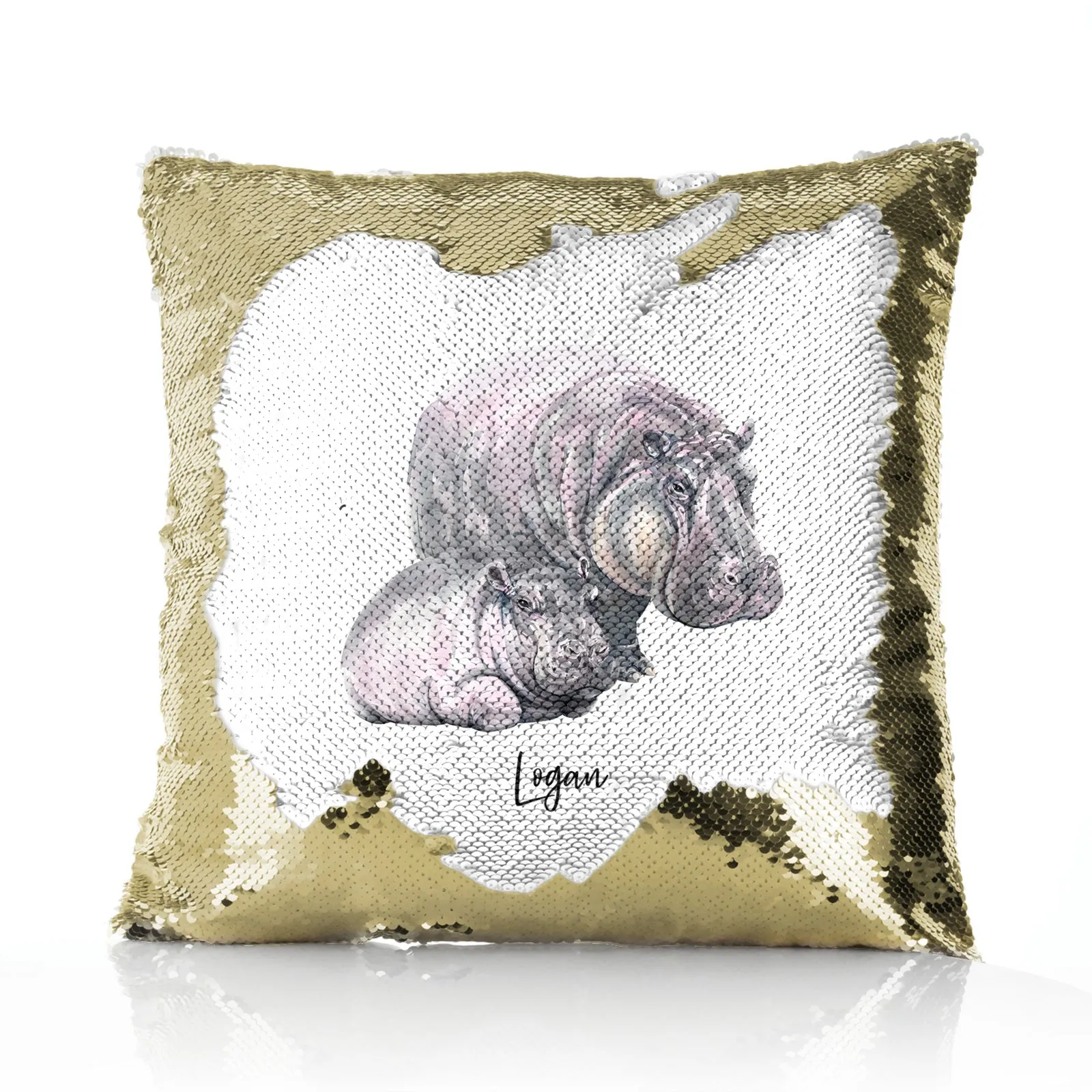 Personalised Sequin Cushion with Welcoming Text and Relaxing Mum and Baby Hippos